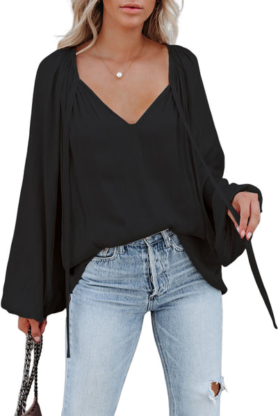 Black Tie V Neck Pleated Puff Sleeve Satin Blouse-Tops-MomFashion