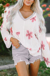 White Floral Print Lightweight Knit Hooded Sweater-Tops-MomFashion