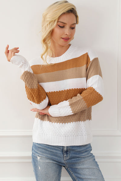 Chestnut Striped Cable Knit Drop Shoulder Sweater-Tops-MomFashion