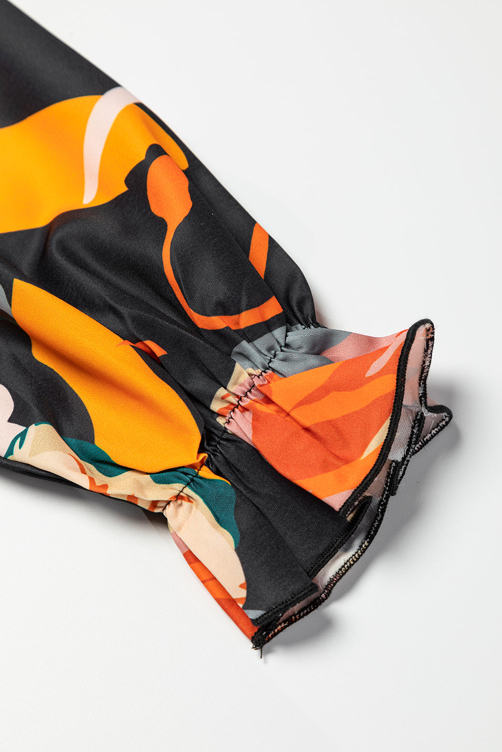 Black Floral Print Mock Neck Blouse-Tops-MomFashion