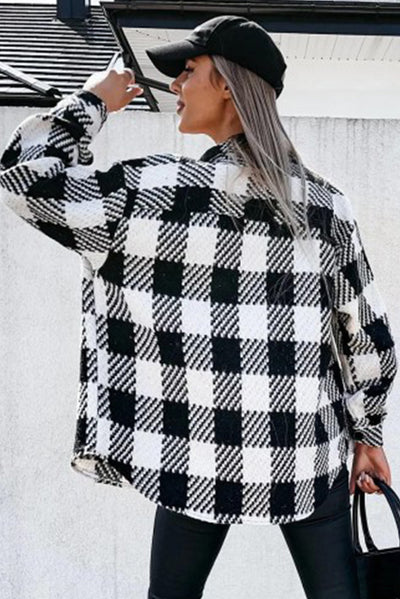 Black Plaid Textured Flap Pocket Shacket-Outerwear-MomFashion