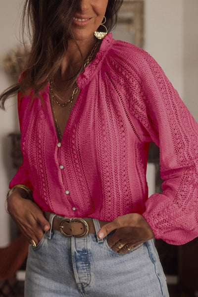 Rose V-Neck Long Sleeve Button Up Lace Shirt-Tops-MomFashion