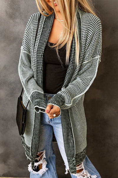 Gray Plaid Knitted Long Open Front Cardigan-Tops-MomFashion