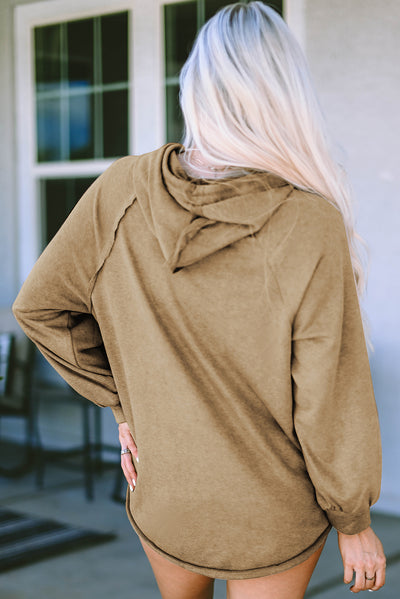 Khaki Waffled Expose Seam Drawstring Hoodie-Tops-MomFashion