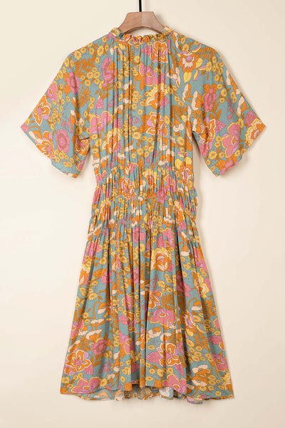 Boho Wide Sleeve Smocked Waist Floral Dress-Dresses-MomFashion