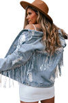 Sky Blue Sequin Embellished Fringe Distressed Denim Jacket-Outerwear-MomFashion