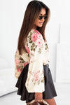 Beige Floral Print Lantern Sleeve V-Neck Blouse-Tops-MomFashion