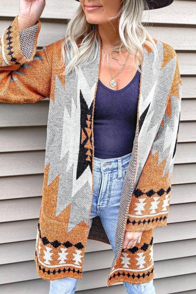 Gold Flame Aztec Graphic Open-Front Cardigan-Tops-MomFashion