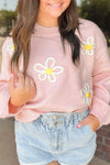 Pink Chenille Daisy Stitching Crew Neck Sweater-Tops-MomFashion