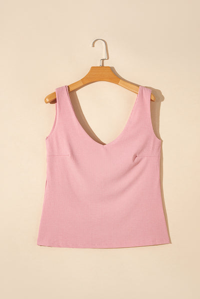 Light Pink V Neck Rib Textured Tank Top-Tops-MomFashion