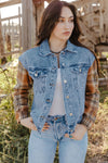 Sky Blue Medium Wash Plaid Sleeves Denim Jacket-Outerwear-MomFashion