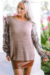 Pale Chestnut Ruffle Tiered Floral Sleeve Crew Neck Blouse-Tops-MomFashion