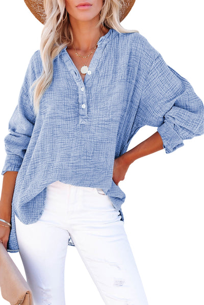 Sky Blue Crinkle Textured Loose Henley Top-Tops-MomFashion