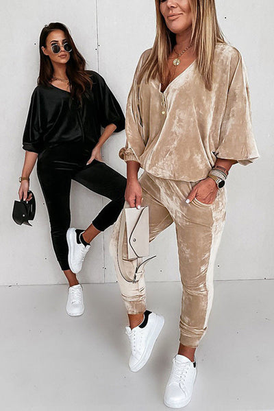 Parchment Velvet Zipped Top and Joggers Two Piece Set-Loungewear-MomFashion