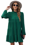 Green Puff Sleeve Mock Neck Back Knot Tiered Dress-Dresses-MomFashion