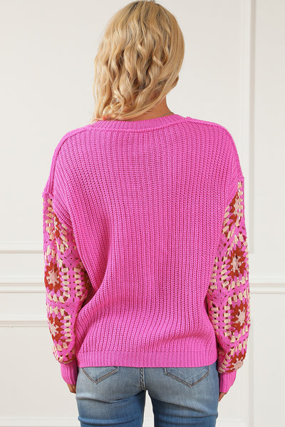 Rose Floral Crochet Cable Knit V Neck Sweater-Tops-MomFashion