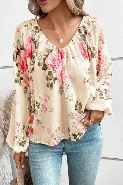 Beige Floral Print Lantern Sleeve V-Neck Blouse-Tops-MomFashion