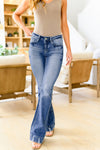 Sky Blue Slight Distressed Medium Wash Flare Jeans-Bottoms-MomFashion