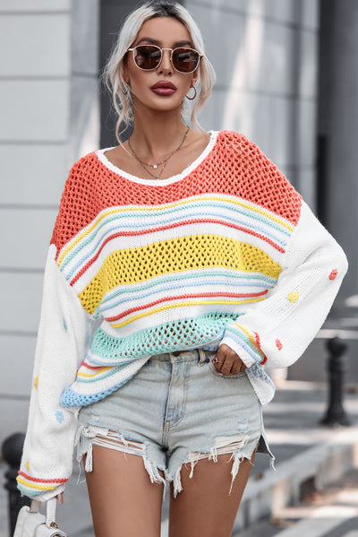 Multicolor Hollow Striped Knit Contrast Sleeve Sweater-Tops-MomFashion