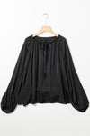 Black Tie V Neck Pleated Puff Sleeve Satin Blouse-Tops-MomFashion