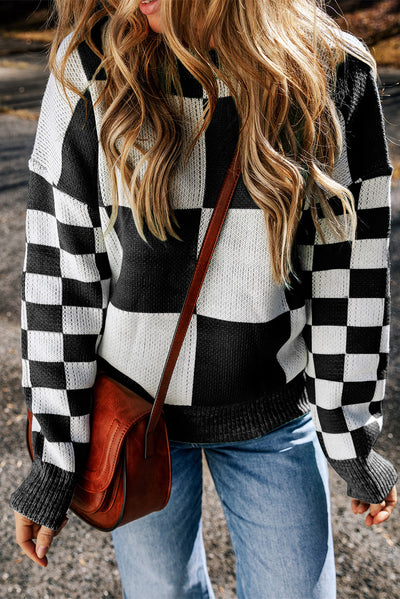 Black Checkered Print Drop Shoulder Sweater-Tops-MomFashion