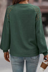 Green Lace Long Sleeve Textured Pullover-Tops-MomFashion