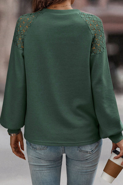 Green Lace Long Sleeve Textured Pullover-Tops-MomFashion