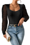 Black Frenchy Contrast Lace Bishop Sleeve Bodysuit-Tops-MomFashion