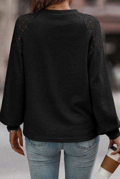 Black Lace Long Sleeve Textured Pullover-Tops-MomFashion