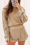 Khaki Piping Trim Long Sleeve Terry Shorts Set-Loungewear-MomFashion