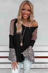 Black Sequin Patchwork Bell Sleeve V Neck Tunic Top-Tops-MomFashion