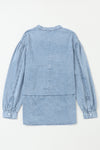 Sky Blue Split V-Neck Balloon Sleeve Ruched Denim Top-Tops-MomFashion