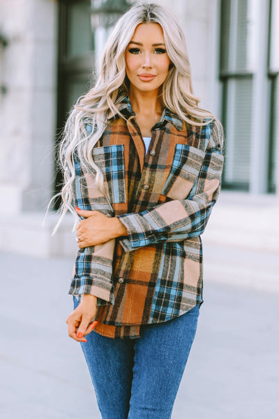 Brown Plaid Color Block Buttoned Shirt with Pockets-Tops-MomFashion