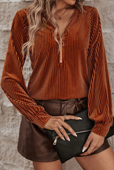 Chestnut Half Zip V Neck Ribbed Velvet Top-Tops-MomFashion