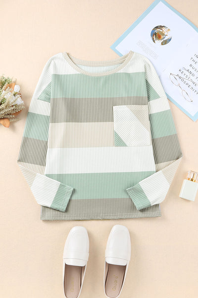 Green Color Block Ribbed Long Sleeve Top with Pocket-Tops-MomFashion