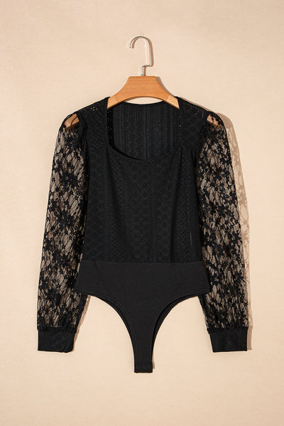 Black Frenchy Contrast Lace Bishop Sleeve Bodysuit-Tops-MomFashion