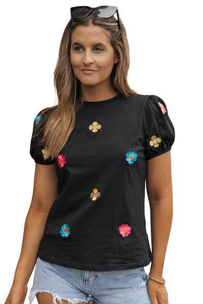 Black Embroidered Flower Short Puff Sleeve Tee-Tops-MomFashion