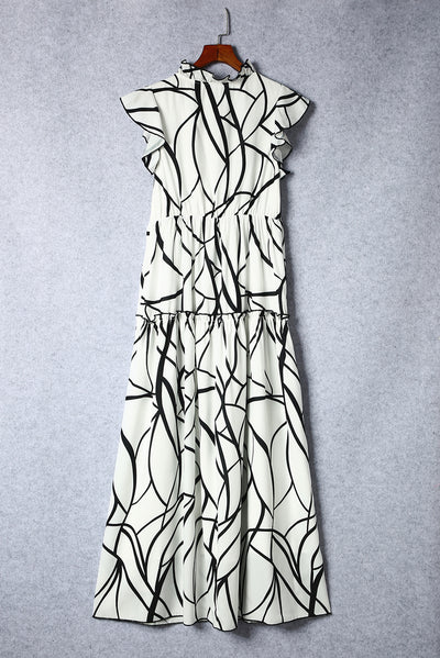 White Abstract Vein Print V Neck Ruffle Maxi Dress-Dresses-MomFashion