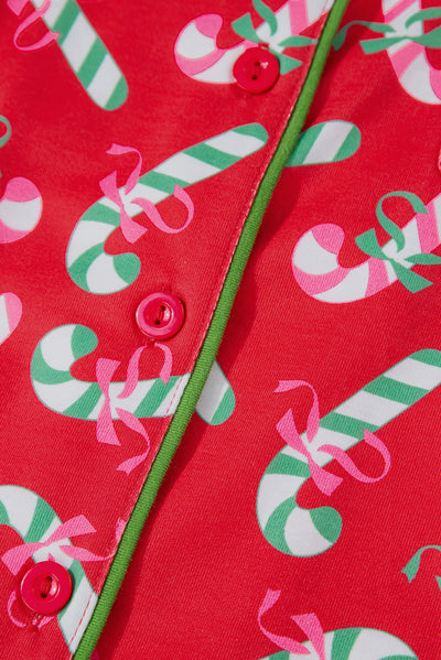 Red Christmas Candy Cane Print Pocketed Knotted Pajama Set-Loungewear & Sleepwear/Sleepwear-MomFashion