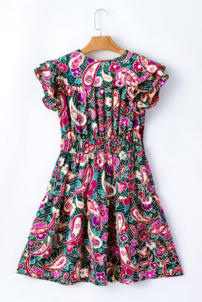 Green Paisley Print Flutter Sleeve Tiered Ruffle Dress-Dresses-MomFashion