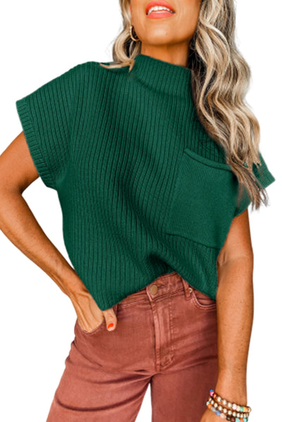 Blackish Green Patch Pocket Ribbed Knit Short Sleeve Sweater-Tops-MomFashion