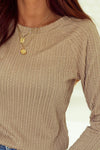 Khaki Ribbed Round Neck Knit Long Sleeve Top-Tops-MomFashion