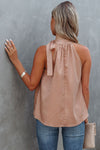 Pink Sleeveless Tie Mock Neck Leopard Tank Top-Tops-MomFashion