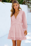 Pink Layered Ruffled Open Back Puff Sleeve Swiss Dot Mini Dress-Dresses-MomFashion