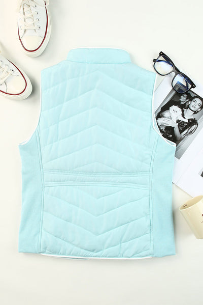 Sky Blue Zip-up Side Pockets Puffer Vest-Outerwear-MomFashion