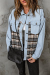 Sky Blue Plaid Patchwork Raw Hem Denim Jacket-Outerwear-MomFashion