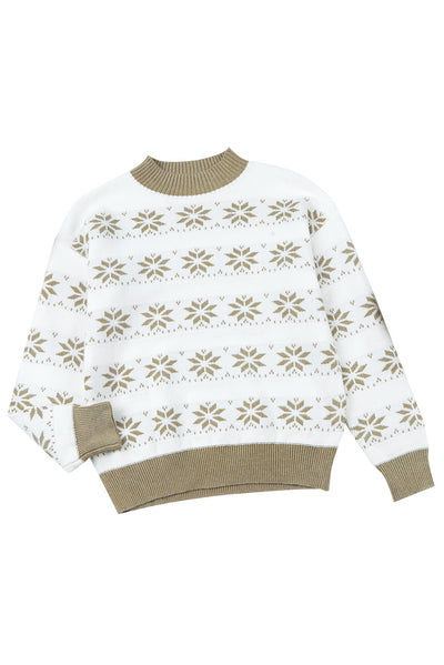 White Christmas Snowflake High Neck Knit Sweater-Tops-MomFashion