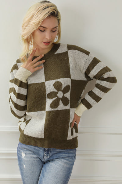 Green Checkered Floral Print Striped Sleeve Sweater-Tops-MomFashion