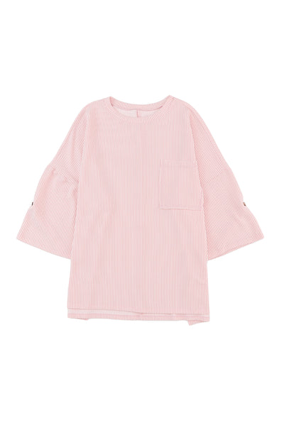 Pink Ribbed Roll-tab Sleeve Chest Pocket Oversize Top-Tops-MomFashion