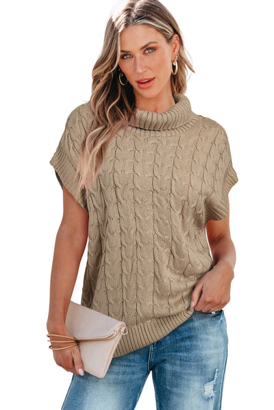 Light French Beige Cable Knit Turtleneck Batwing Sleeve Sweater-Tops-MomFashion